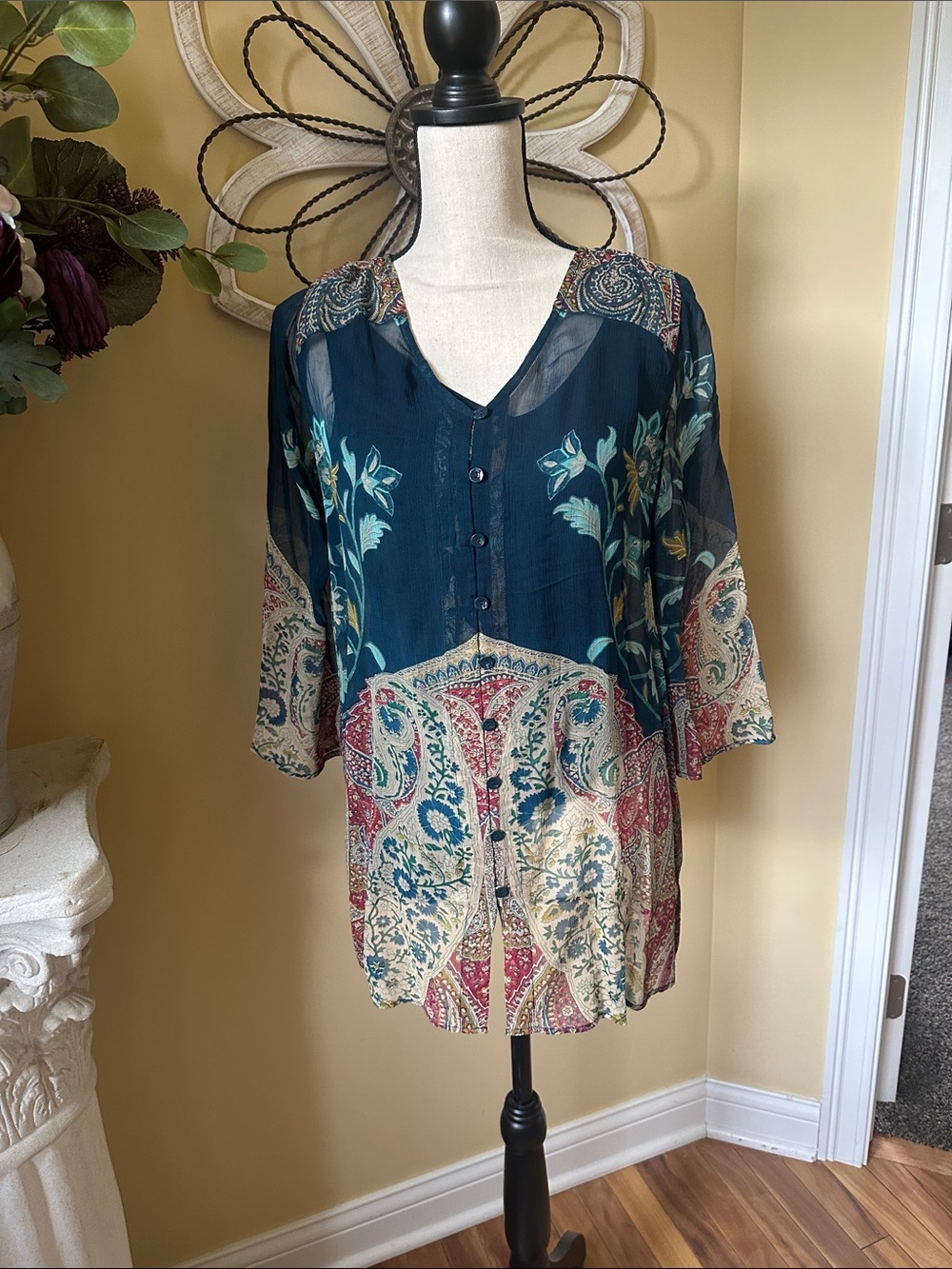Soft Surroundings Teal Floral Paisley Button-Front Tunic